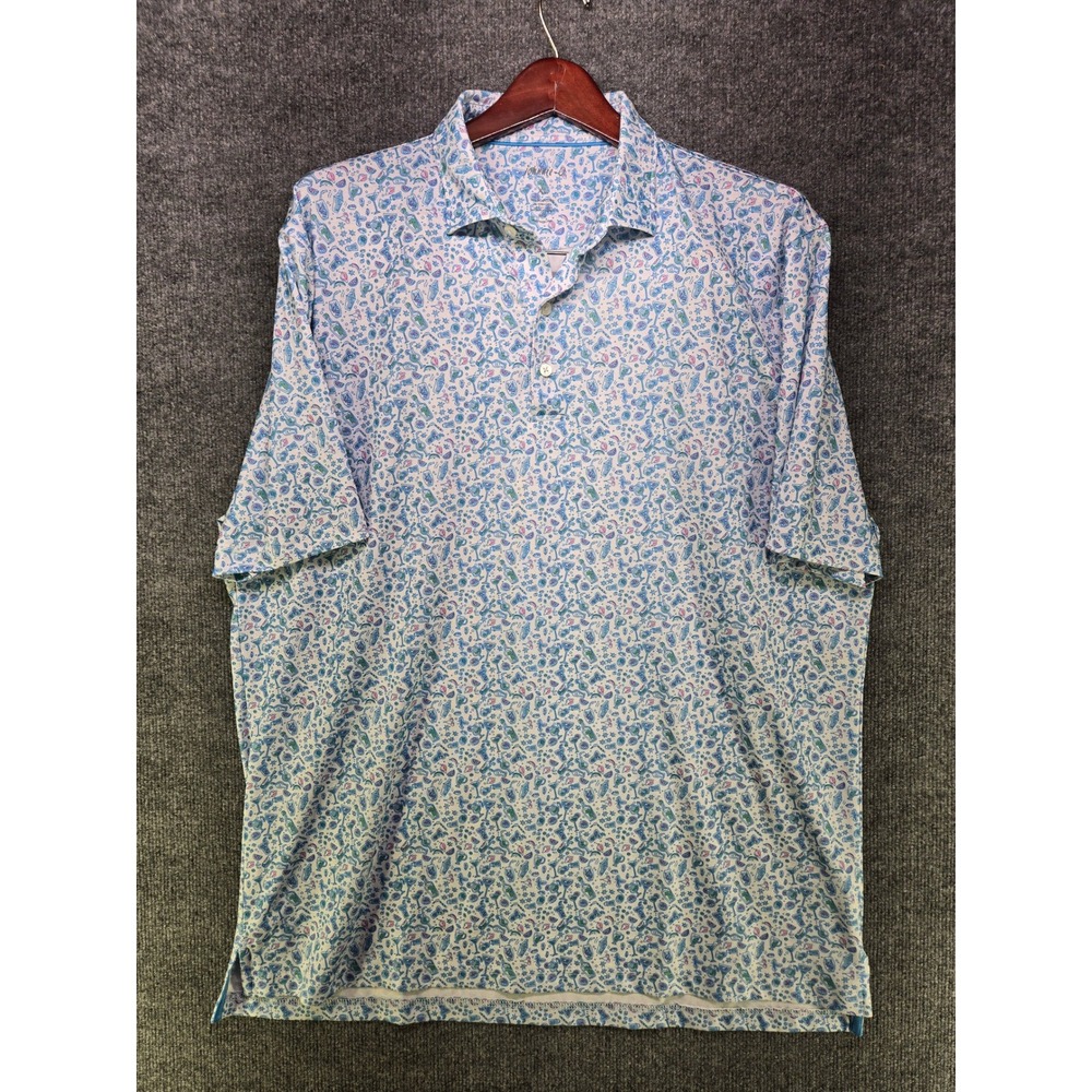 Johnnie-O Mens XL Blue Cocktail Print Performance Polo Shirt Short Sleeve UPF 50